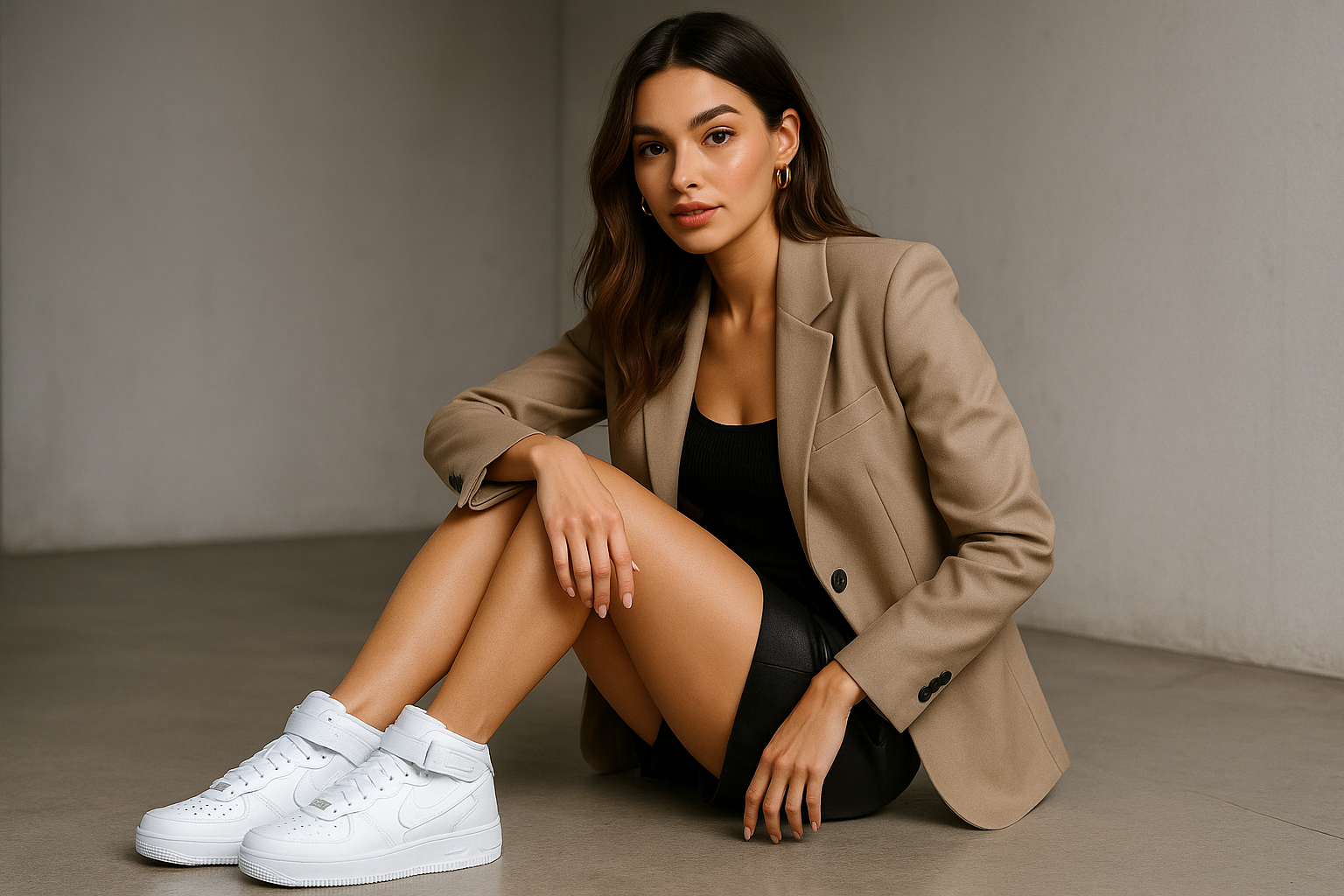 a gorgeous woman wearing a pair of Nike Air Force 1 Mid '07 'Triple White'