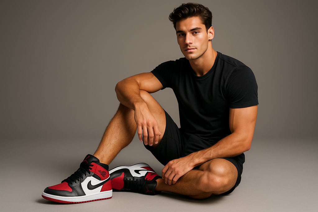 a young and fit handsome model wearing Air Jordan 1 Mid 'Bred Toe'