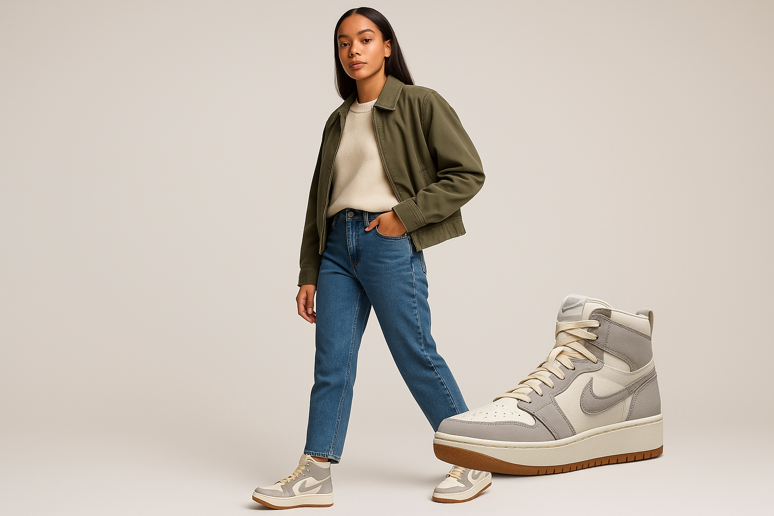 just generate an image of a model wearing Air Jordan 1 Elevate High SE 'Sail College Grey' with the colors Sail/Pale Vanilla/Gum Medium Brown/College Grey
