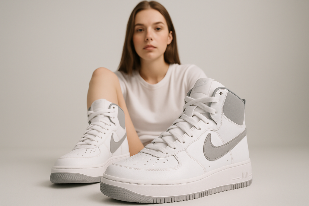 Nike Air Force 1 High Sculpt 'White Light Smoke Grey' worn by a young beautiful model, focus from the front