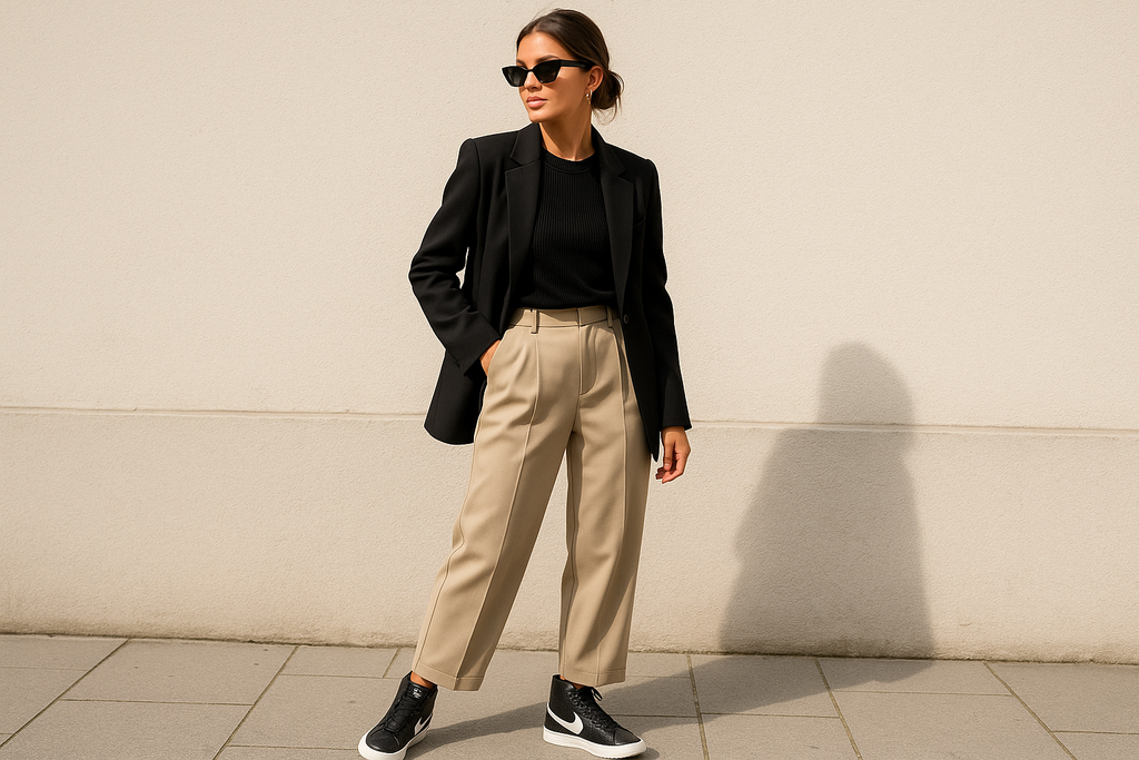 perfect, now generate a gorgeous woman wearing them in a fashionable chic outfit