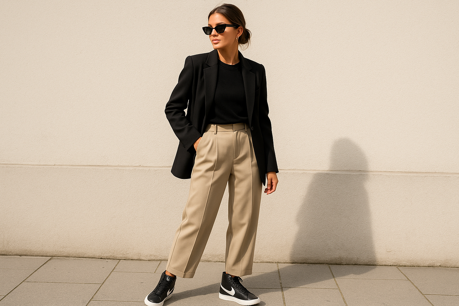 perfect, now generate a gorgeous woman wearing them in a fashionable chic outfit